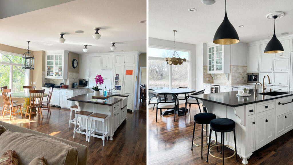 Kitchen: new island paint & countertops, new island and dining lighting and furnishings. A before-and-after picture, side by side, of a kitchen redesign. A vast improvement in creative perspective with new light fixtures, new table, new chairs, new bar stools at the new island with a new sink.