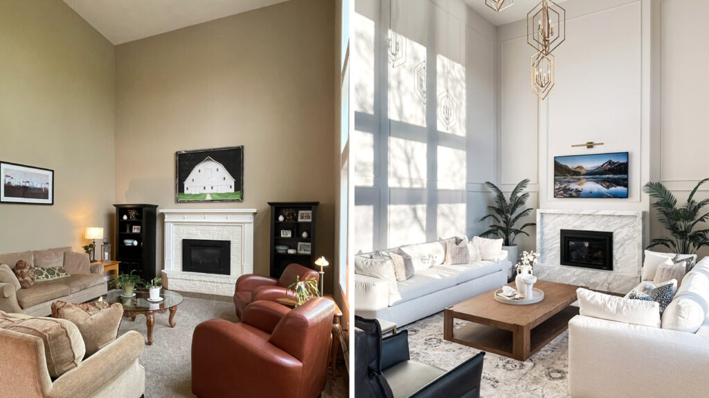 B-A_LivingRoom_Fireplace A side-by-side image of a before and after completed interior design project in Plymouth by Firelight Style House. This vaulted ceiling living space went from a drab brown with mismatched furniture to a bright white, newly surfaced fireplace with white marble, and white couches with pillows. The newly placed ceiling hanging lights are modern and sleek.