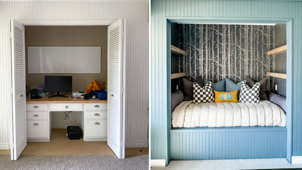 B-A_LowerLevel_Cubby Before and after side by side picture of a very creative interior design element for a busy family home. The team at Firelight Style House converted an old closet to a reading nook! The left image is a closet with a desk (with compter on top and white board behind) crammed into it. On the right, the redesign of the closet has transformed it into a cozy reading nook with a padded sitting area, pillows, doors from the closet removed, bookshelves on each side, and fresh wallpaper. Amazing space planning!