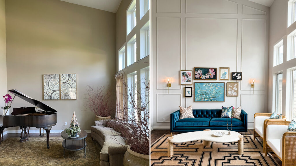 B-A_Sunroom A side-by-side comparison of a sunroom in a Minneapolis–St. Paul area home, showing the transformation before and after a remodel by the Firelight Design team. On the left side, the "before" image features a neutral-toned room with tan walls, high ceilings, and a cluster of rectangular windows. A dark grand piano anchors the space, accompanied by a curved beige sectional and large ceramic planters filled with bare decorative branches. The artwork above the piano consists of two abstract panels in earthy tones. On the right side, the "after" image reveals a dramatically refreshed space with white panel molding on the walls and the same expansive windows allowing abundant natural light. A bold teal velvet sofa is flanked by sculptural armchairs with cane sides and white cushions. A modern geometric rug adds grounding beneath a curved white coffee table. Above the sofa, a vibrant gallery wall of floral and bird-themed artwork is thoughtfully curated. Elegant brass sconces with exposed bulbs enhance the symmetry of the design. This beautifully transformed sunroom reflects the Firelight Design team’s boutique vision and refined creativity, bringing warmth, color, and personality to this Twin Cities space.