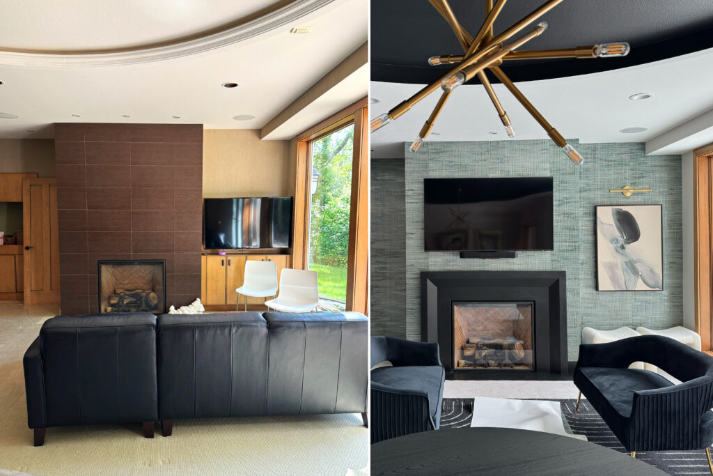 before-and-after-modern-fireplace-living-room-remodel-minneapolis Side-by-side before and after of a fireplace wall remodel in the Minneapolis–St. Paul area. The transformation features modern grasscloth wallpaper, a sleek black surround, sculptural lighting, and elegant navy accent chairs designed by Firelight Design.