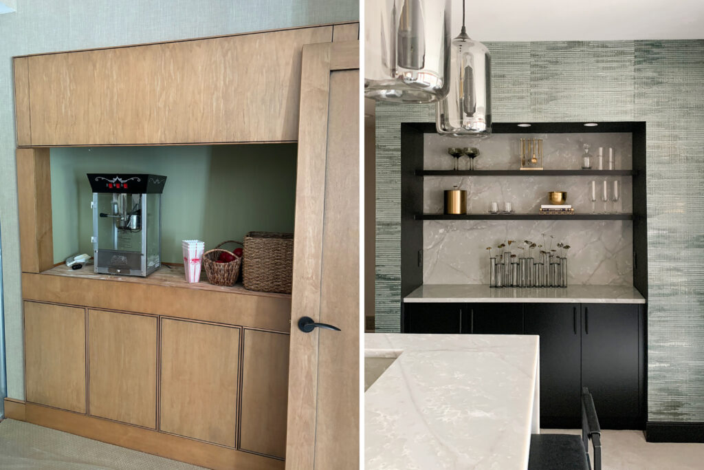 Before-and-after-Luxe-basement-remodel-builtin-shelving This image displays a before-and-after comparison of a built-in shelving unit redesign near Minneapolis. On the left, the original alcove features light wood cabinets and green wall paint, housing a popcorn machine and baskets. On the right, the updated built-in features dark open shelving set against a luxurious gray marble backsplash, illuminated by pendant lights. Elegant gold and glass accents adorn the shelves, adding a sophisticated touch to the modernized space. Firelight Design’s boutique approach shines in this remodel, blending luxe materials with bold contrast to create a highly customized, modern aesthetic.
