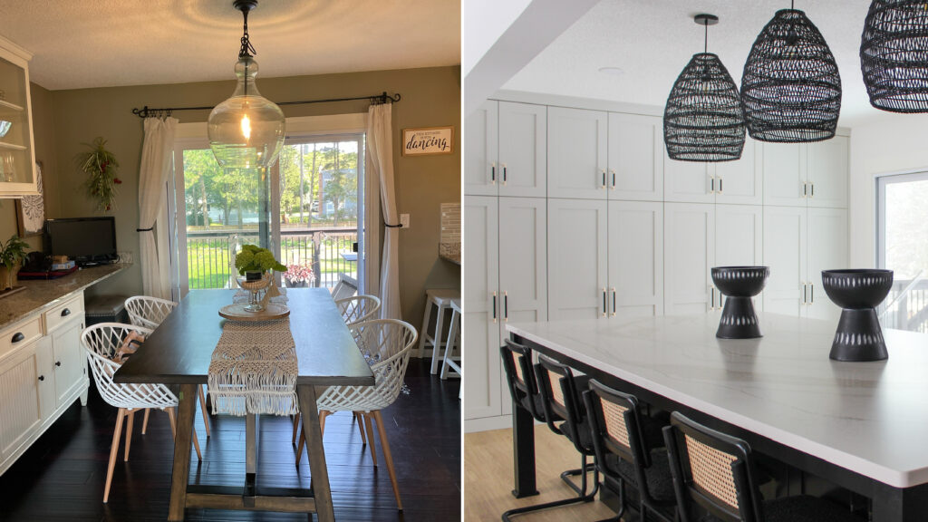 Kitchen remodel before and after in Plymouth. Split-screen image showing a kitchen and dining area before and after renovation. On the left, the “before” image features a traditional dining nook with dark wood floors, greenish wall paint, white cabinetry, and a glass pendant light above a dark wood table. On the right, the “after” image reveals a sleek, modernized space with light oak flooring, full-height pale gray cabinetry, and an expansive marble-look island under woven black pendant lighting. The transformation enhances both natural light and functionality in this Minneapolis-St. Paul area home. As part of the Modern Hacienda project, this redesign showcases Firelight Design’s boutique vision—balancing clean lines with curated textures for a striking and personalized aesthetic.