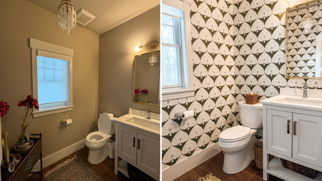 1 Before and after bathroom renovation showing original plain bathroom and updated room with patterned wallpaper and new vanity.