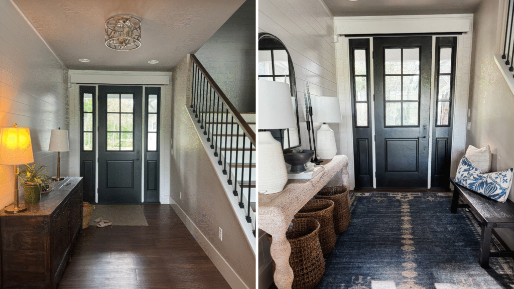 Crosslake entry before and after Before and after entryway update with new console table, rug, bench, and decor around a black front door.