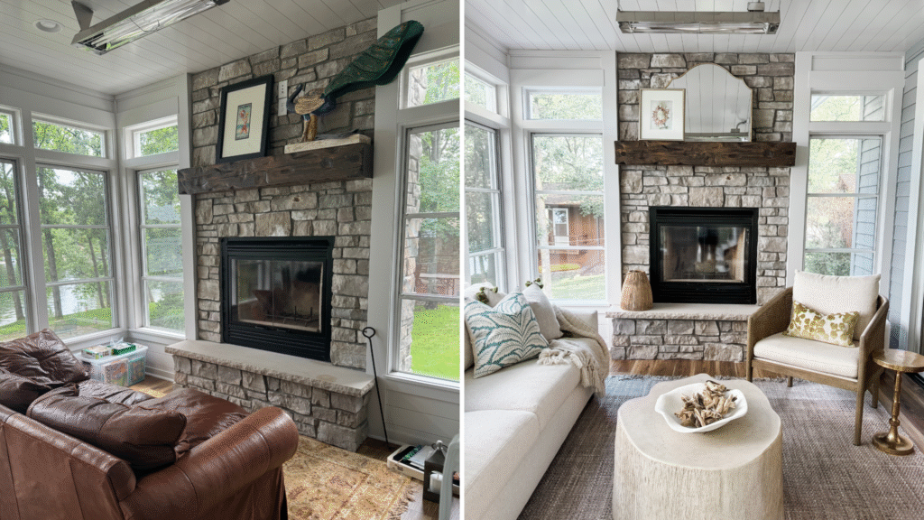 Before and after of sunroom Sunroom fireplace before and after — original with leather sofa and after with updated light seating and decor.