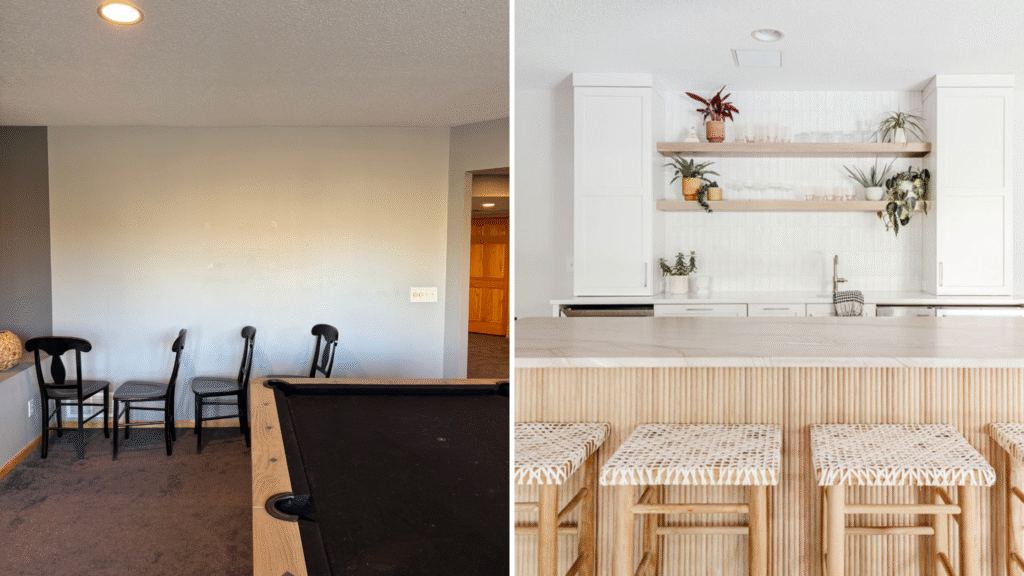 3 Before and after of a basement bar.