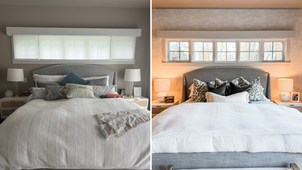 Crosslake before and after of master bedroom Before and after home interior makeover showing original space and updated, styled space of master bedroom.