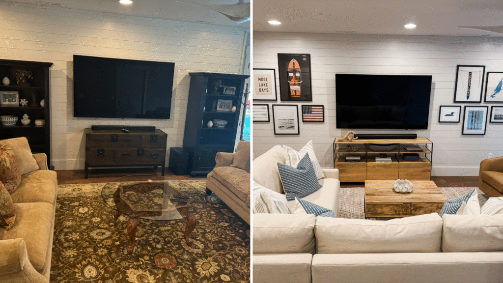 Crosslake basement before and after Before and after of a lake house basement.