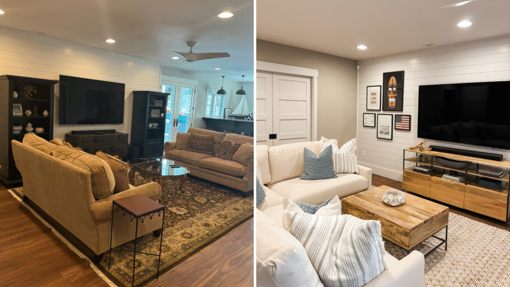 Crosslake basement before and after 2 Before and after of a lake house basement.